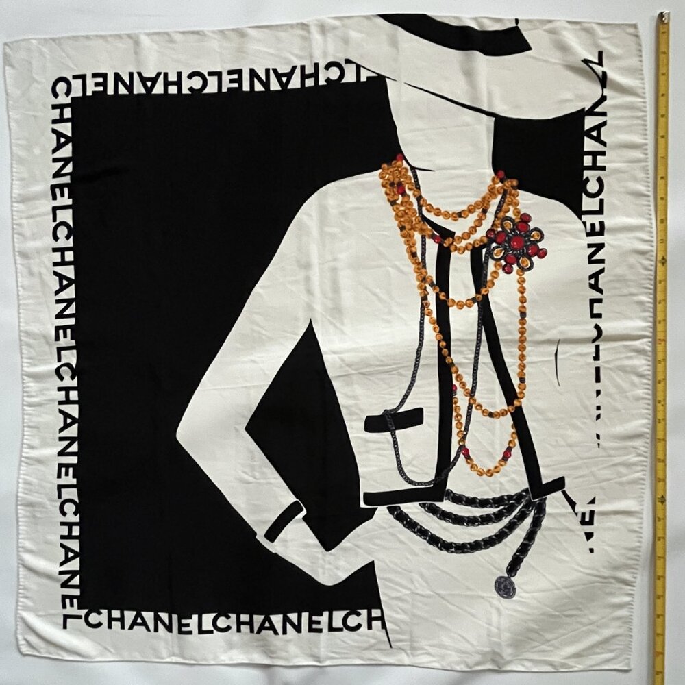 CHANEL Black White Graphic Silk Scarf with Gold-Tone Bead Motif